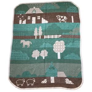 Cotton Throw Blanket Mora Made in Spain House and Trees Tan Green 44x54in Vtg